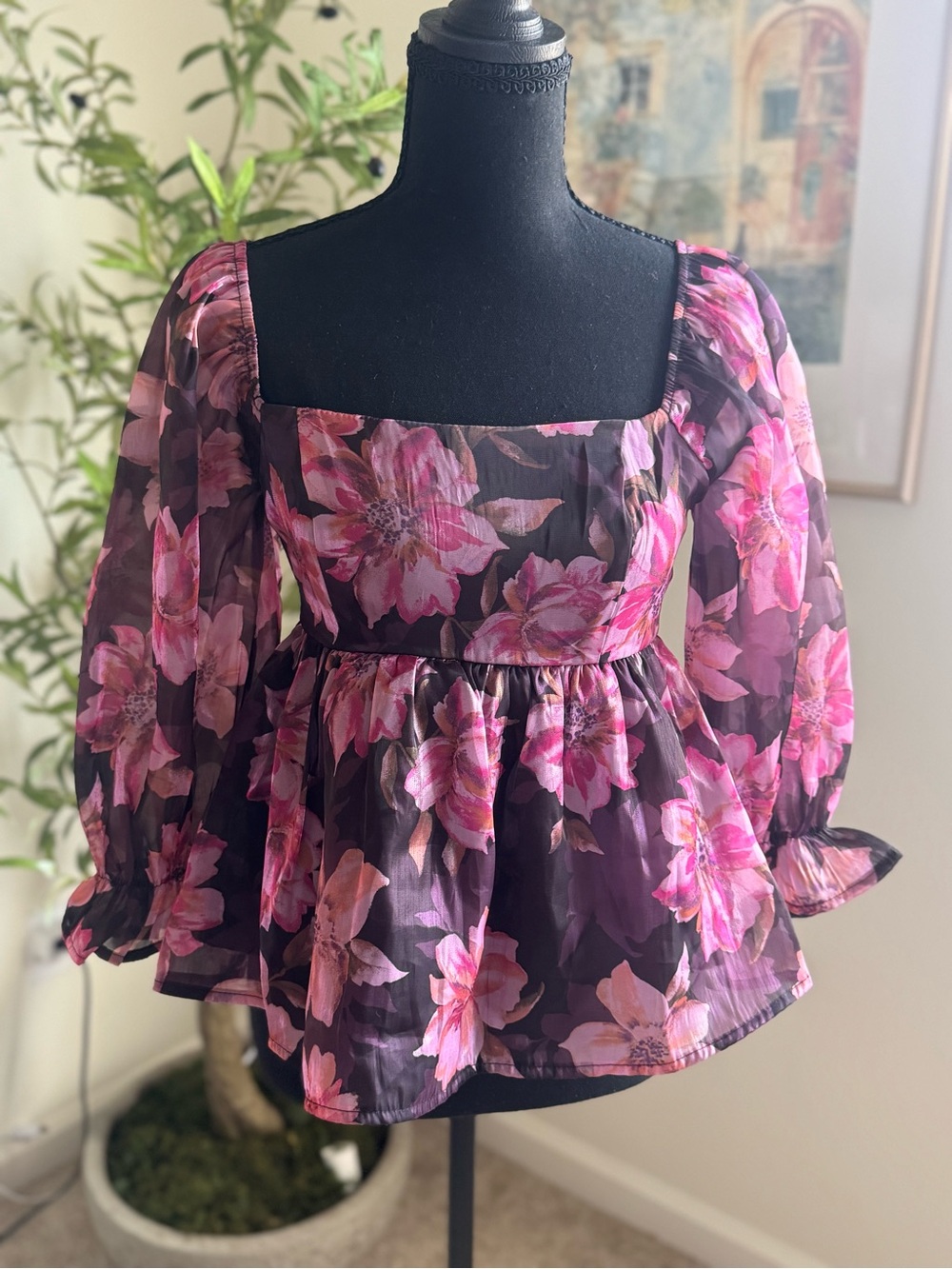 Women’s Pink Floral Square-Neck Peplum Blouse